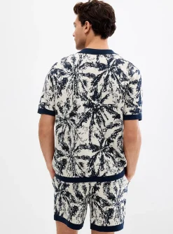 Abstract jacquard knit polo-collar cardigan