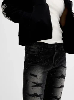 All-over rhinestone black ripped jean