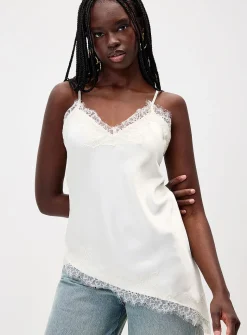Asymmetrical satin and lace cami