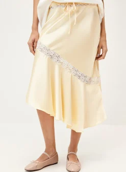 Asymmetrical satin-lace midi skirt