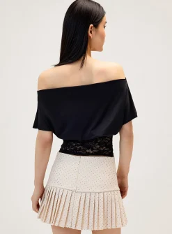 Asymmetric-neck lace-trim T-shirt
