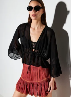 Bell sleeve sheer chiffon tie-front blouse