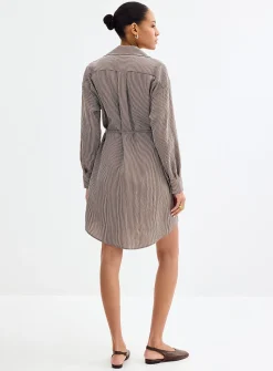 Belted pinstriped shirtdress