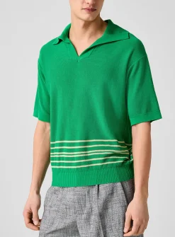 Bentgrass striped knit Johnny collar polo shirt