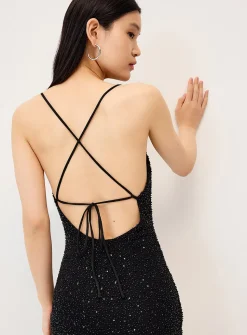 Black beaded mesh maxi dress