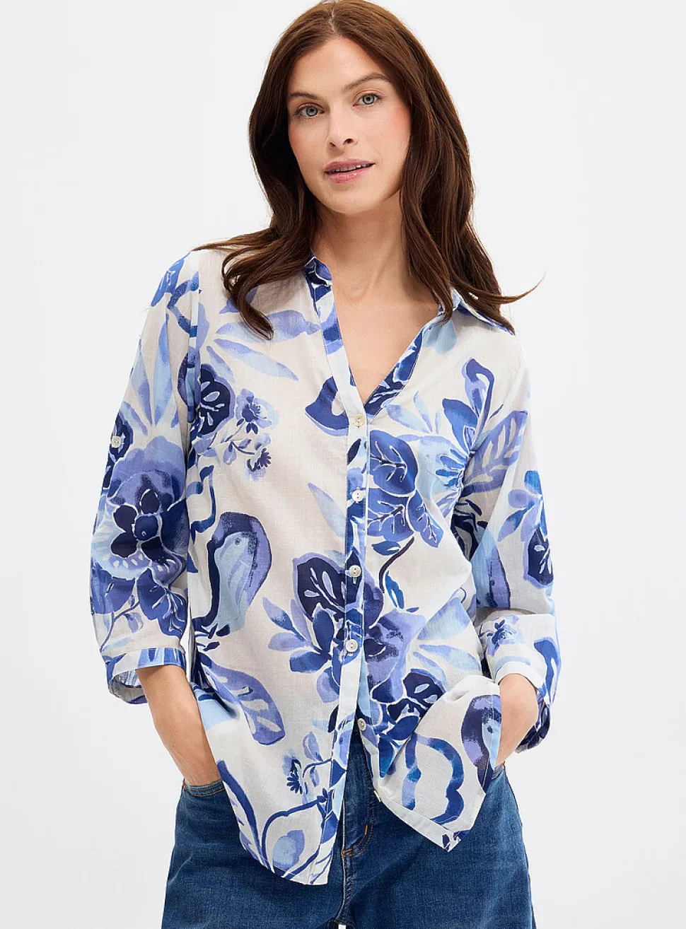 Blue flower loose voile shirt