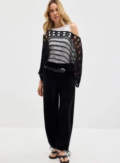Boat-neck crochet-effect sweater