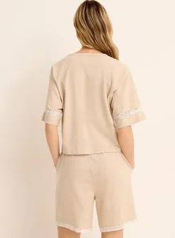 Boxy button-front lace-accent Supima® cotton T-shirt