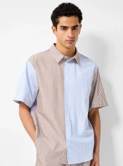 Brown and blue striped crisp poplin shirt
