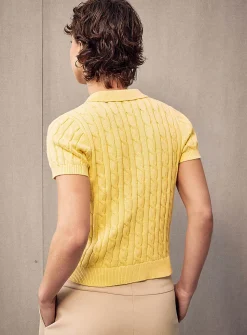 Butter yellow embroidered cable-knit polo shirt