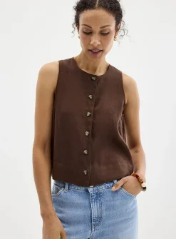 Button-front pure linen cami