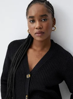 Button-up shaker-rib cropped cardigan