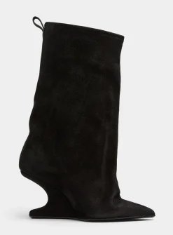 Cantilever heel flared suede boots