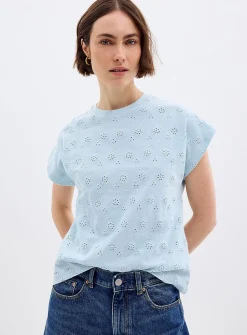 Cap-sleeve broderie anglaise organic cotton T-shirt