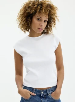 Cap-sleeve fitted ribbed T-shirt