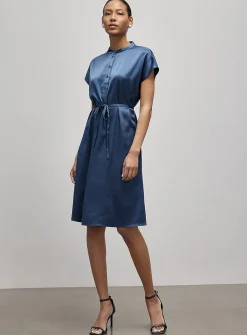 Cap-sleeve officer-collar satiny dress