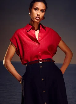 Cap-sleeve pure linen shirt