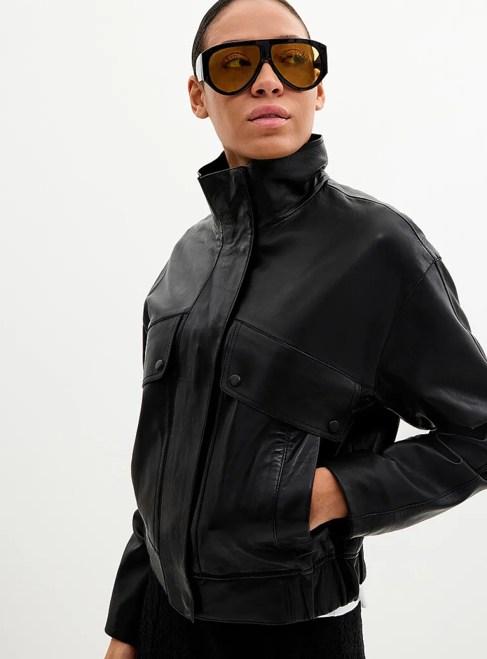Carlotta stand collar leather jacket