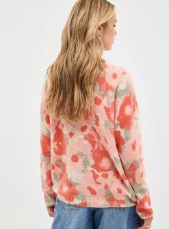 Colorful flower garden fuzzy knit sweater