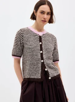 Contrasting trim striped fuzzy cardigan