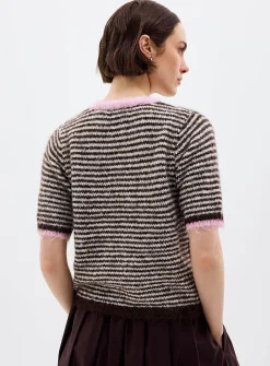Contrasting trim striped fuzzy cardigan