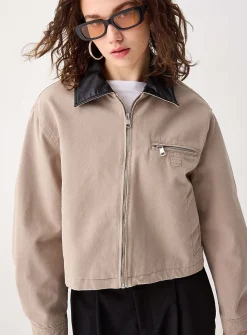 Corduroy collar cropped jacket