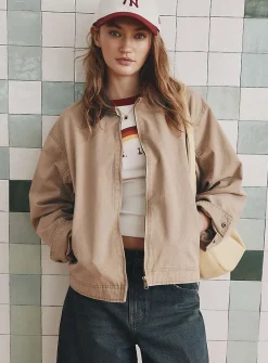 Corduroy-collar zip-up twill jacket