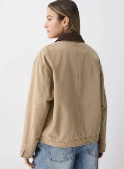 Corduroy-collar zip-up twill jacket