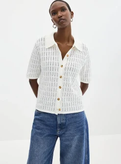 100% cotton openwork shirt-collar cardigan