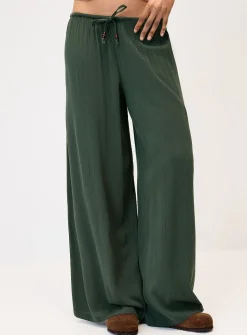 Crinkled elastic-waist wide-leg pant