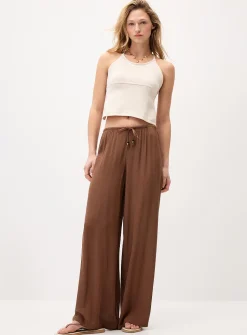 Crinkled elastic-waist wide-leg pant