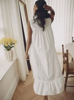 Crocheted-accent poplin long nightgown