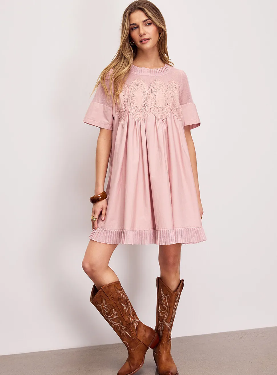 Crocheted ovals flared poplin minidress