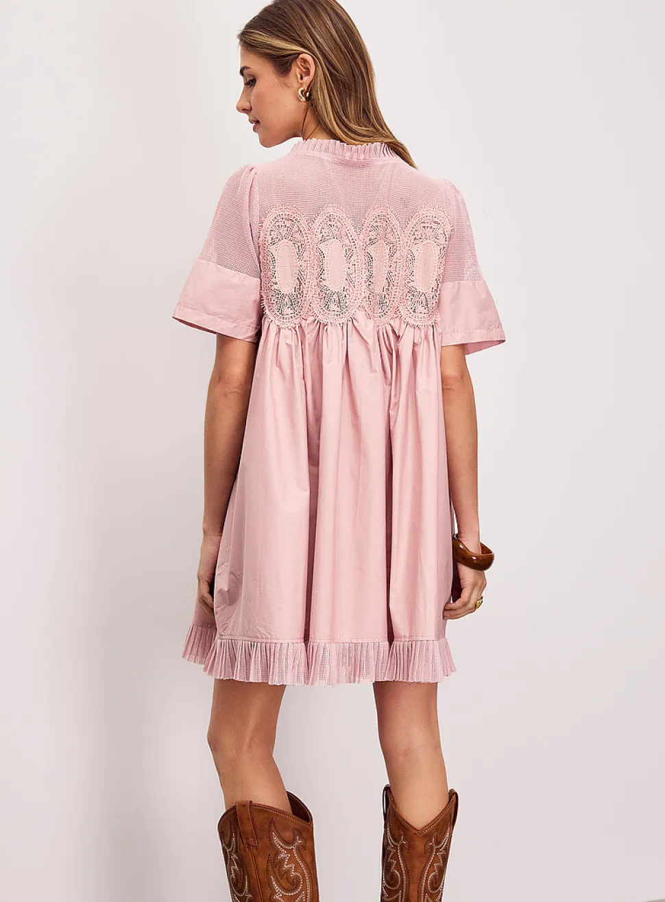 Crocheted ovals flared poplin minidress