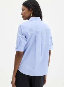 Cropped pleated-sleeve poplin shirt