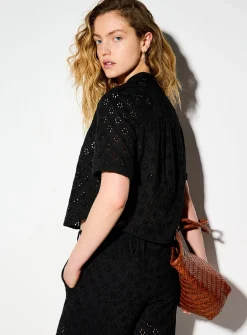 Cropped V-neck broderie anglaise blouse