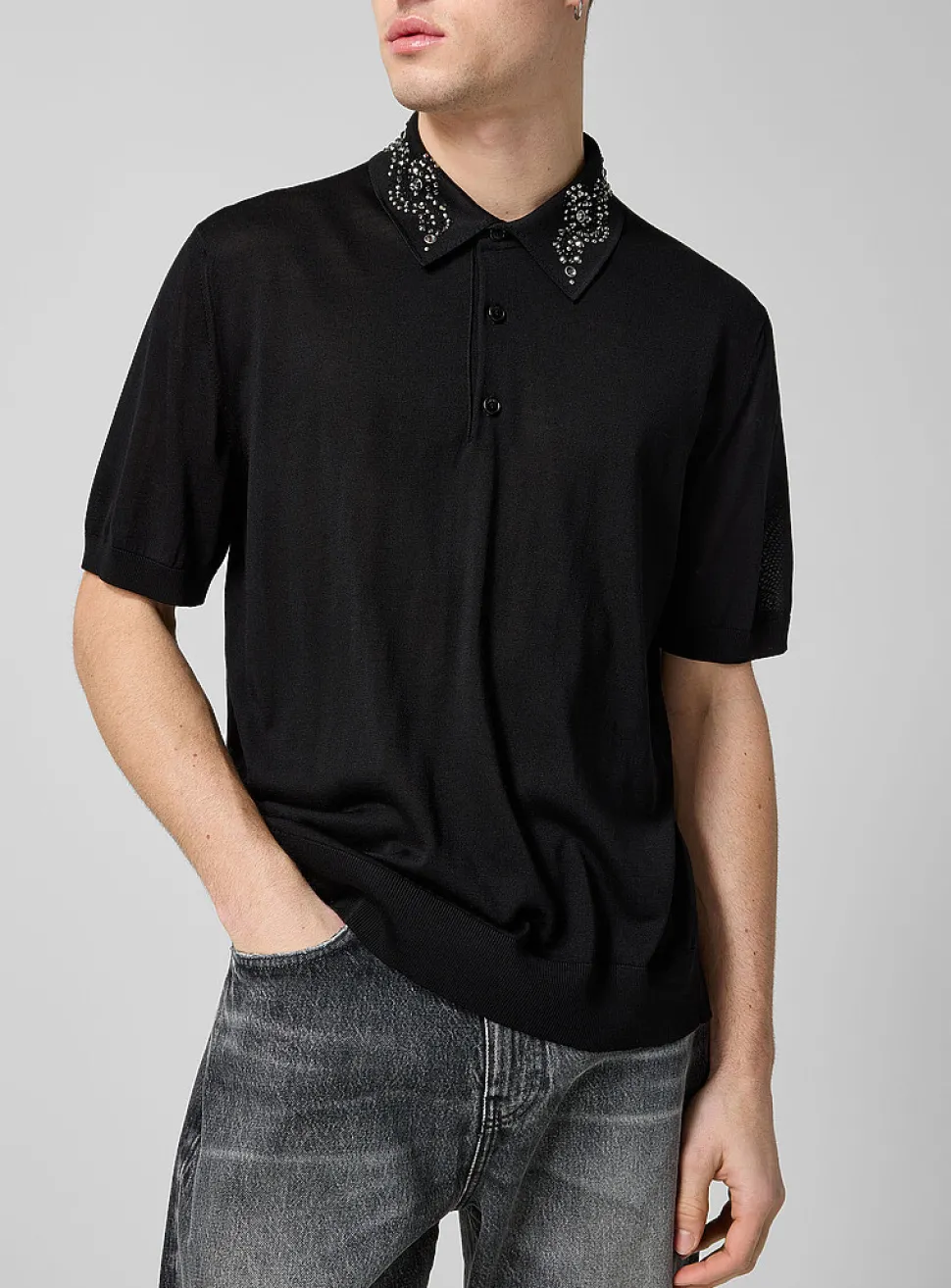 Crystal collar pure silk fine-knit polo shirt