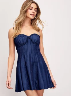 Dark denim effect peasant mini-dress