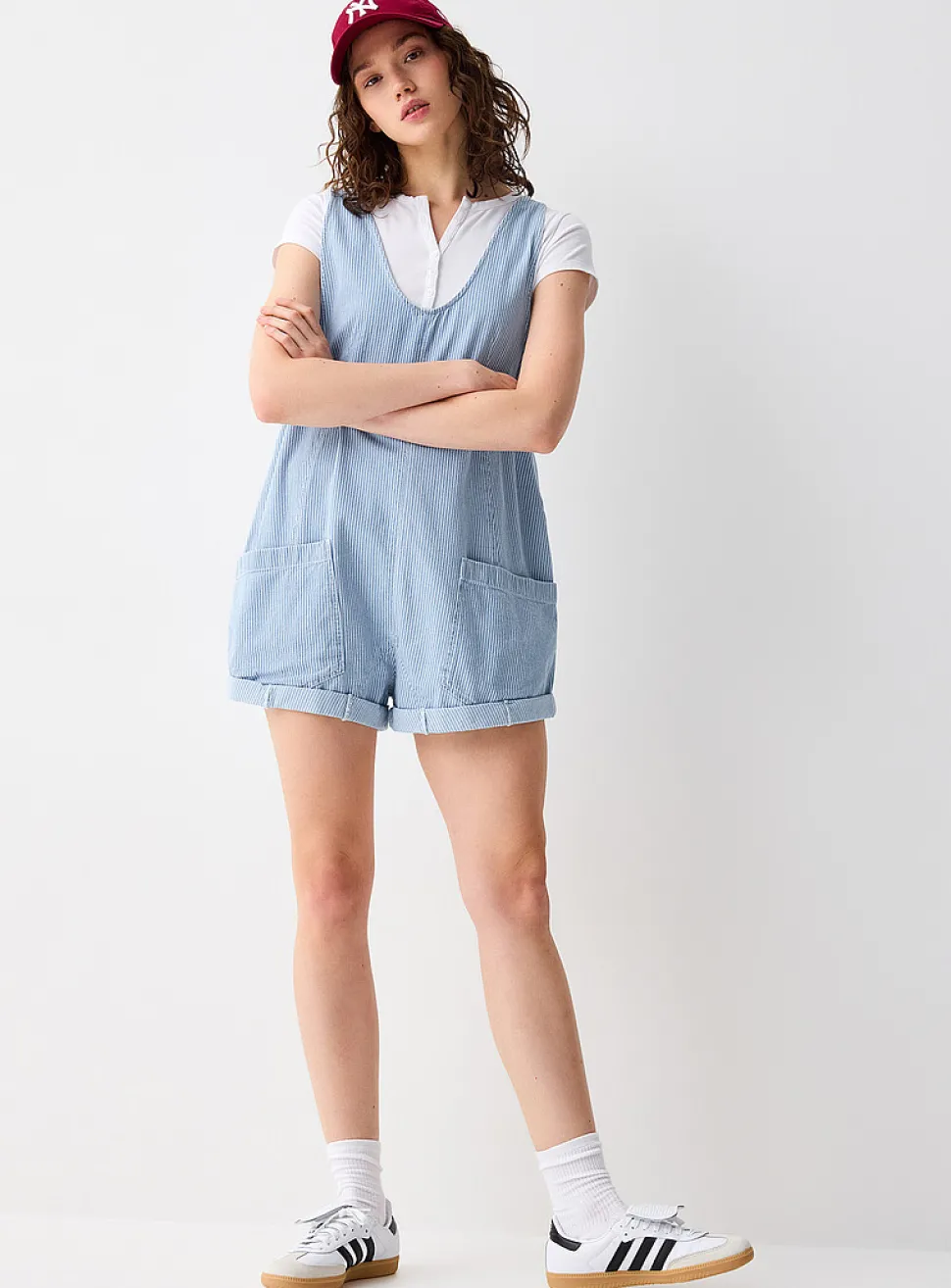 Denim carpenter romper