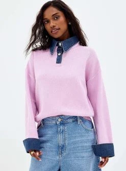 Denim inserts jewel buttons polo shirt