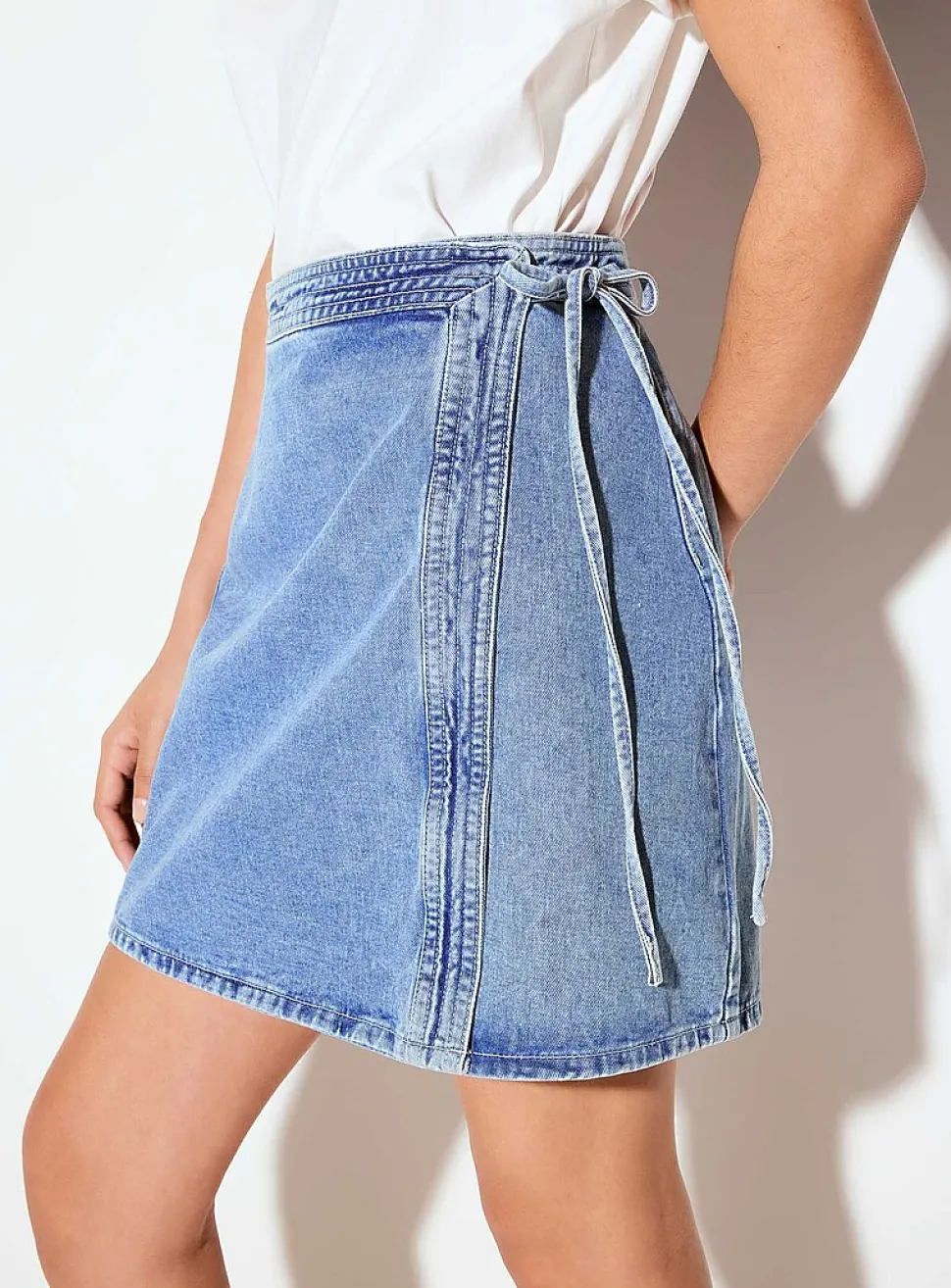Denim tie-up wraparound miniskirt