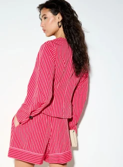 3D flower V-neck cinched poplin blouse