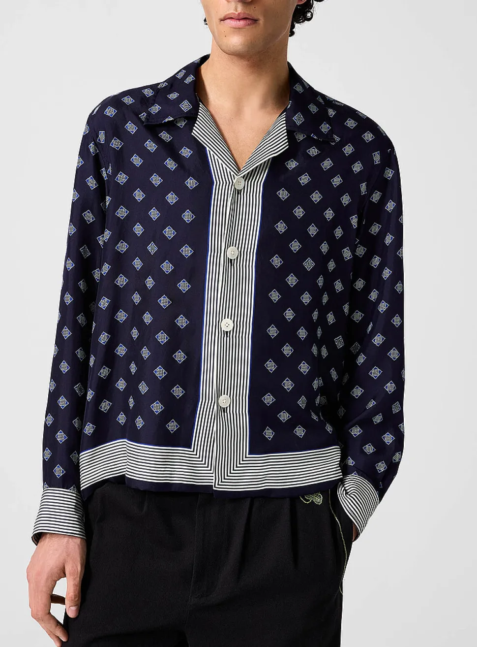 Diamonds and stripes pure silk cabana shirt