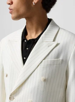 Double-breasted banker-stripe white blazer
