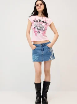 Dragon print denim miniskirt