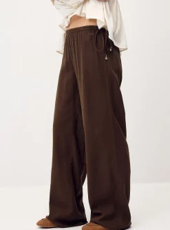 Drawcord waist linen-blend wide-leg pant