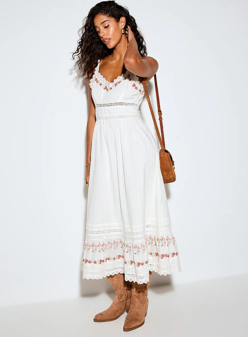 Embroidered crocheted cotton voile dress