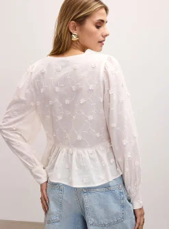 Embroidered flowers cotton voile V-neck blouse