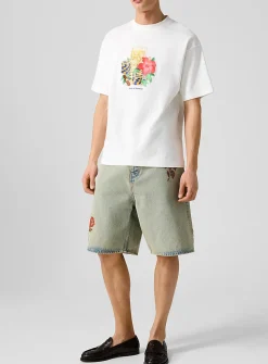 Embroidered flowers faded jean Bermuda short
