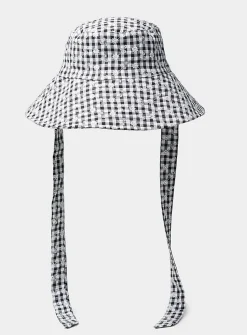Embroidered gingham wide-brim tie bucket hat
